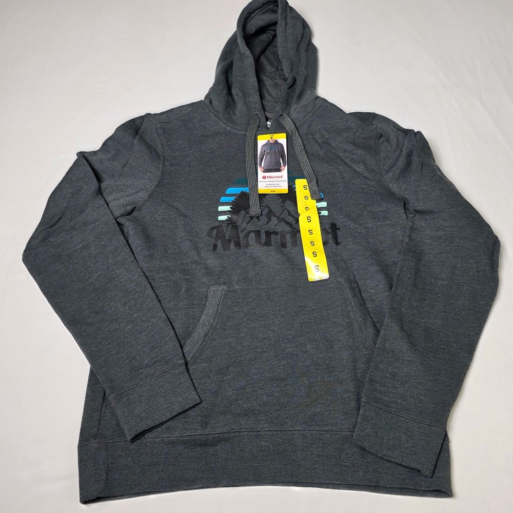 Marmot Hoodie Men Small Charcoal Gray Graphic Mountain Pullover‎ Sweatshirt NWT